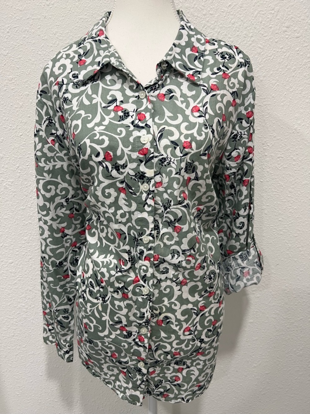 CHARTER CLUB Floral Button Down Linen Shirt EUC